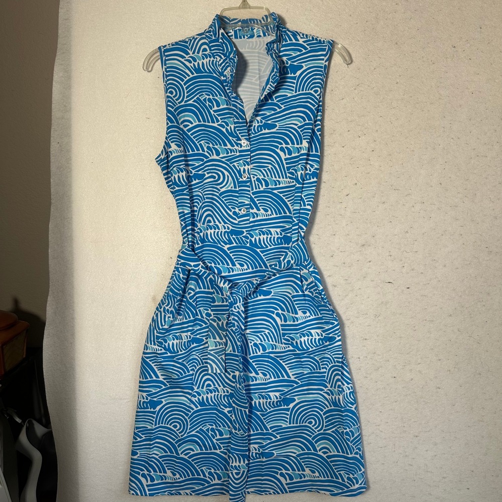 J.McLaughlin Catalina Cloth Dress Size 4 Blue White Wave Print Ruffle Collar